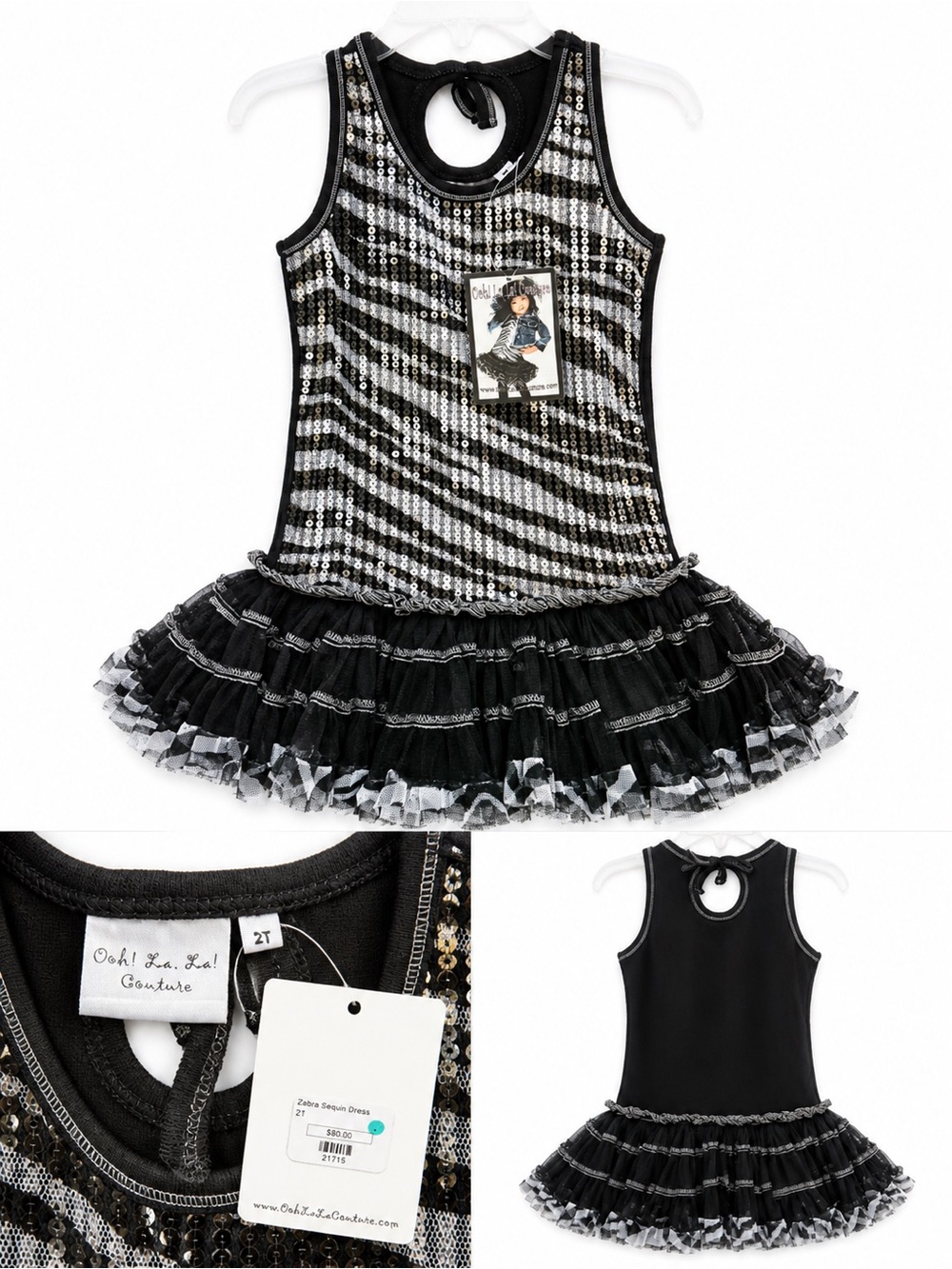 NEW Ooh! La, La! Couture Black & Silver Zebra Sequin Tutu Dress - size 2T